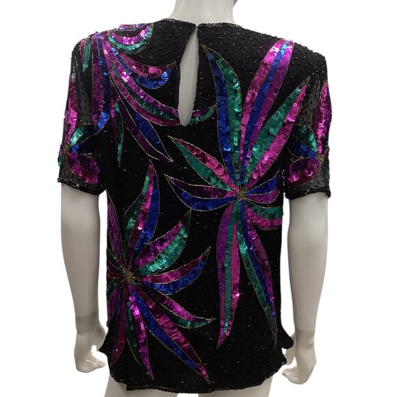 San Angelo Nights VTG Top Women’s Size Medium Beaded Silk w/ Sequins in Black - Picture 3 of 5